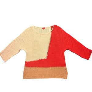 Etcetera by Carlisle Red/Tan Colorblock Open Weave Cotton Sweater Size XL $385